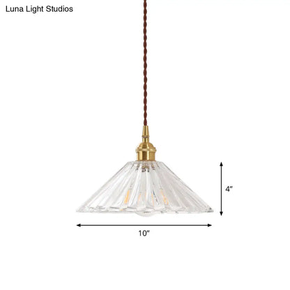 Simplicity Clear Ribbed Glass Cone Pendant Light Fixture for Restaurants - 1 Bulb Hanging Light