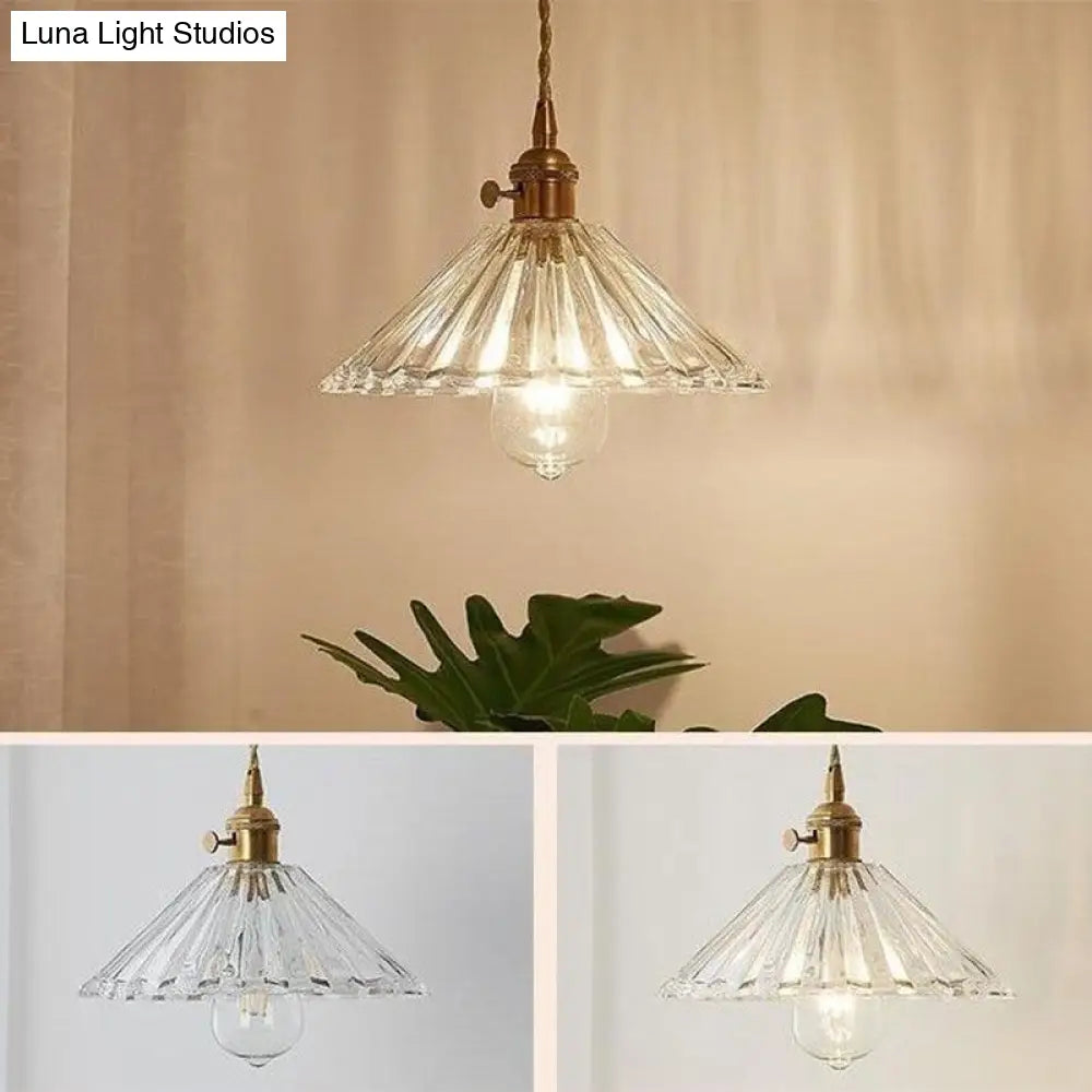 Simplicity Clear Ribbed Glass Cone Pendant Light Fixture for Restaurants - 1 Bulb Hanging Light