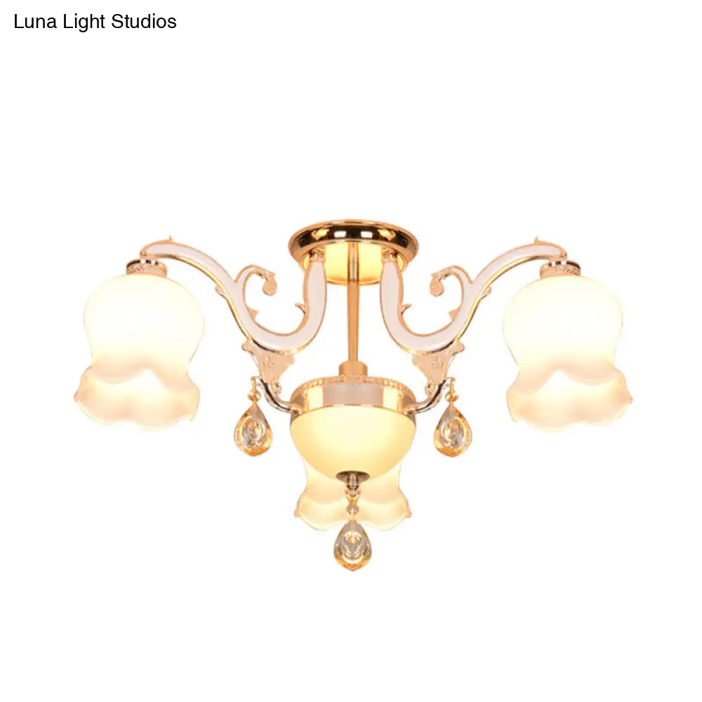 DecorBites™ DecorBites™ Simplicity Cream Glass Dining Room Ceiling Light with Gold Crystal Semi Flush - 4 Heads