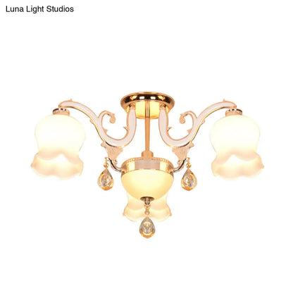 DecorBites™ DecorBites™ Simplicity Cream Glass Dining Room Ceiling Light with Gold Crystal Semi Flush - 4 Heads