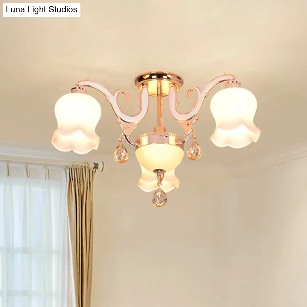 DecorBites™ DecorBites™ Simplicity Cream Glass Dining Room Ceiling Light with Gold Crystal Semi Flush - 4 Heads
