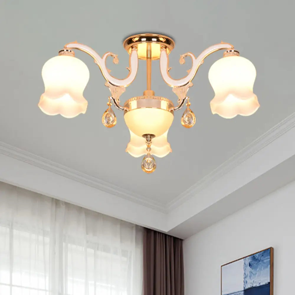 DecorBites™ DecorBites™ Simplicity Cream Glass Dining Room Ceiling Light with Gold Crystal Semi Flush - 4 Heads