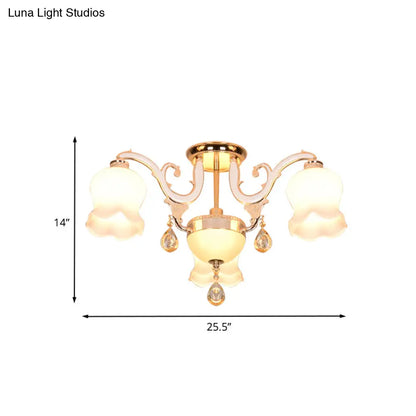 DecorBites™ DecorBites™ Simplicity Cream Glass Dining Room Ceiling Light with Gold Crystal Semi Flush - 4 Heads