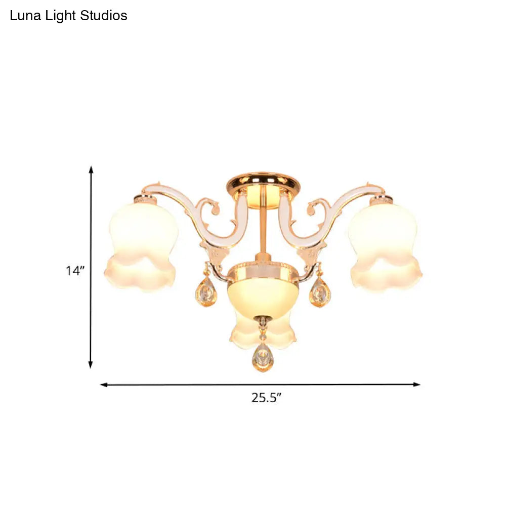 DecorBites™ DecorBites™ Simplicity Cream Glass Dining Room Ceiling Light with Gold Crystal Semi Flush - 4 Heads
