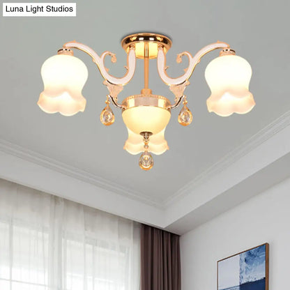 DecorBites™ DecorBites™ Simplicity Cream Glass Dining Room Ceiling Light with Gold Crystal Semi Flush - 4 Heads