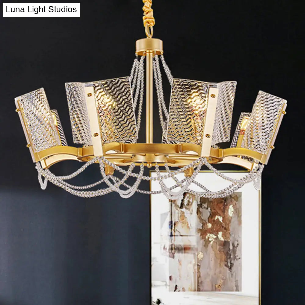 Simplicity Crystal Chandelier with Beaded Pendant - Brass Finish, 6/8 Heads - Ideal for Living Room - Panel Shade Included