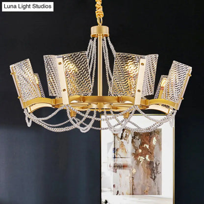 Simplicity Crystal Chandelier with Beaded Pendant - Brass Finish, 6/8 Heads - Ideal for Living Room - Panel Shade Included