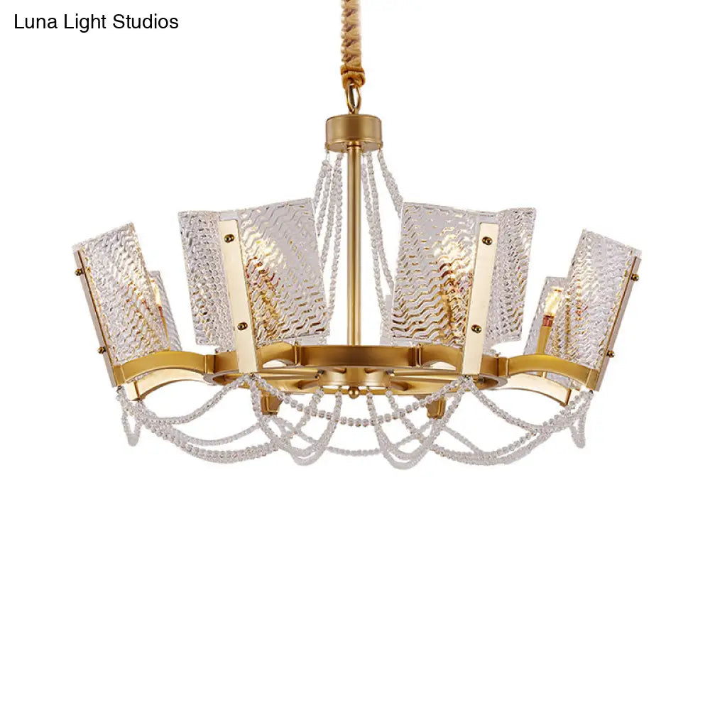 Simplicity Crystal Chandelier with Beaded Pendant - Brass Finish, 6/8 Heads - Ideal for Living Room - Panel Shade Included