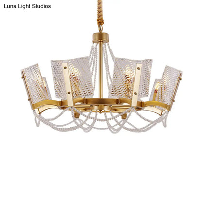 Simplicity Crystal Chandelier with Beaded Pendant - Brass Finish, 6/8 Heads - Ideal for Living Room - Panel Shade Included