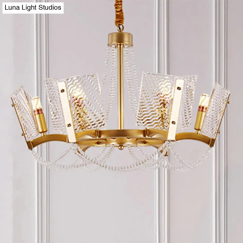 Simplicity Crystal Chandelier with Beaded Pendant - Brass Finish, 6/8 Heads - Ideal for Living Room - Panel Shade Included