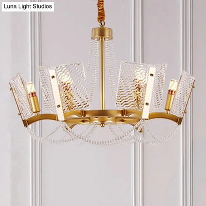 Simplicity Crystal Chandelier with Beaded Pendant - Brass Finish, 6/8 Heads - Ideal for Living Room - Panel Shade Included