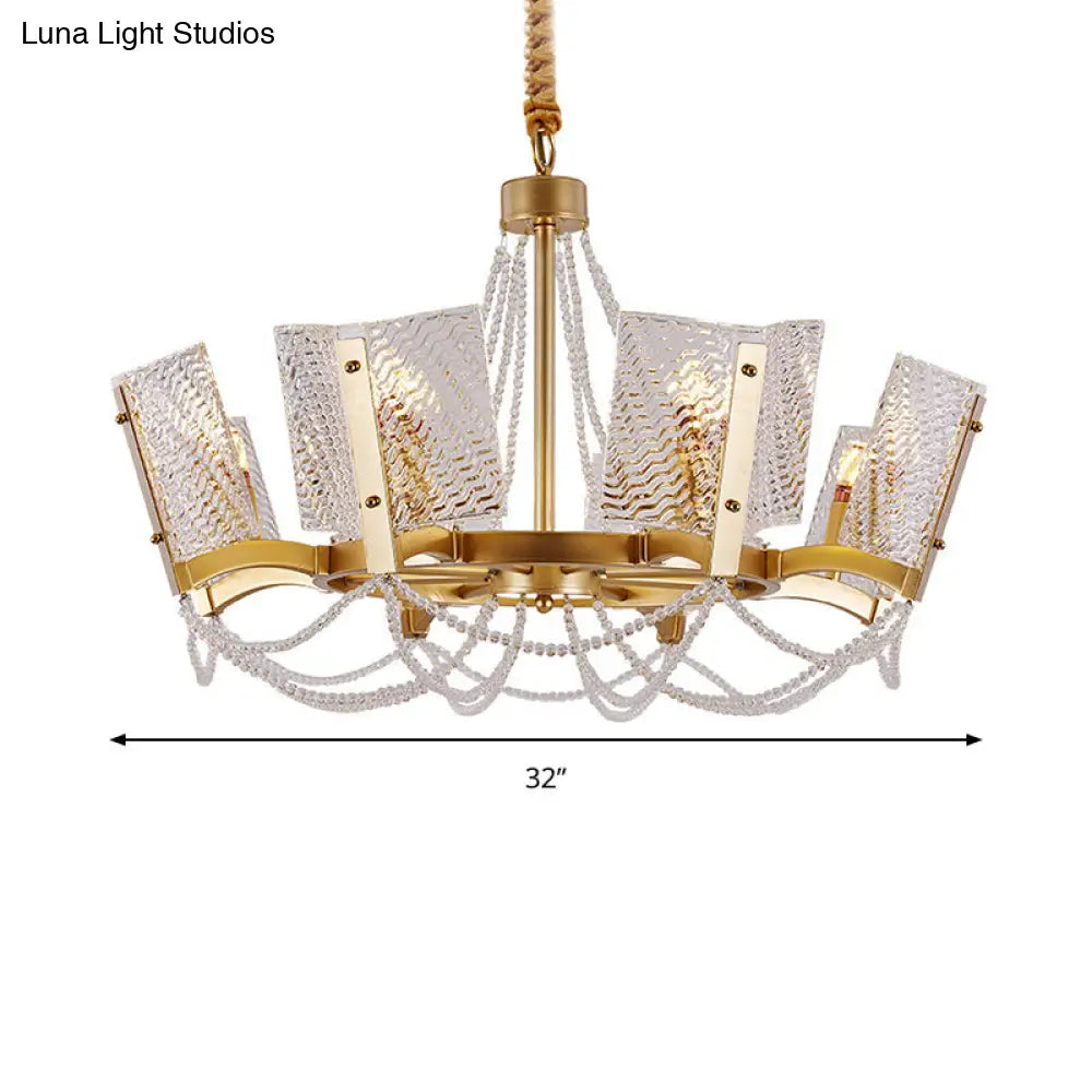 Simplicity Crystal Chandelier with Beaded Pendant - Brass Finish, 6/8 Heads - Ideal for Living Room - Panel Shade Included
