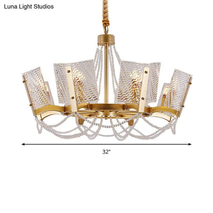 Simplicity Crystal Chandelier with Beaded Pendant - Brass Finish, 6/8 Heads - Ideal for Living Room - Panel Shade Included