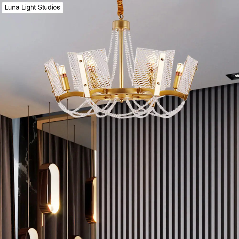 Simplicity Crystal Chandelier with Beaded Pendant - Brass Finish, 6/8 Heads - Ideal for Living Room - Panel Shade Included