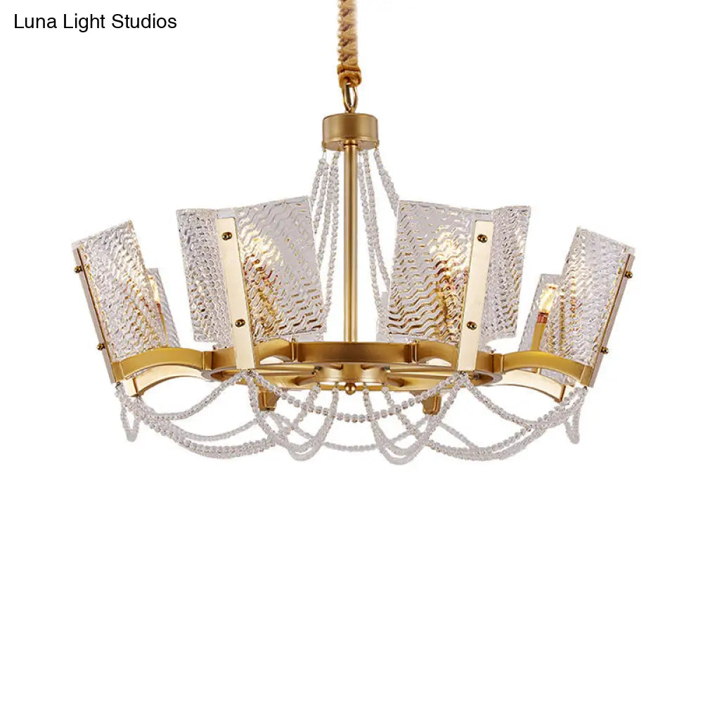 Simplicity Crystal Chandelier with Beaded Pendant - Brass Finish, 6/8 Heads - Ideal for Living Room - Panel Shade Included