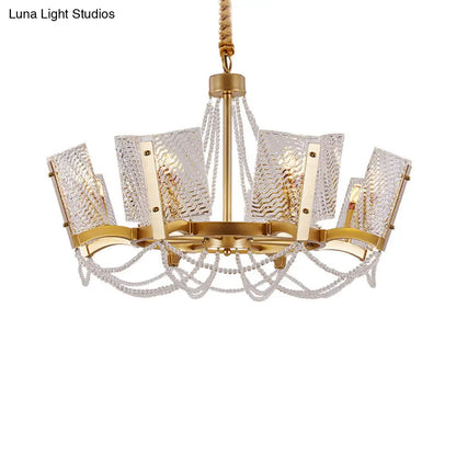 Simplicity Crystal Chandelier with Beaded Pendant - Brass Finish, 6/8 Heads - Ideal for Living Room - Panel Shade Included