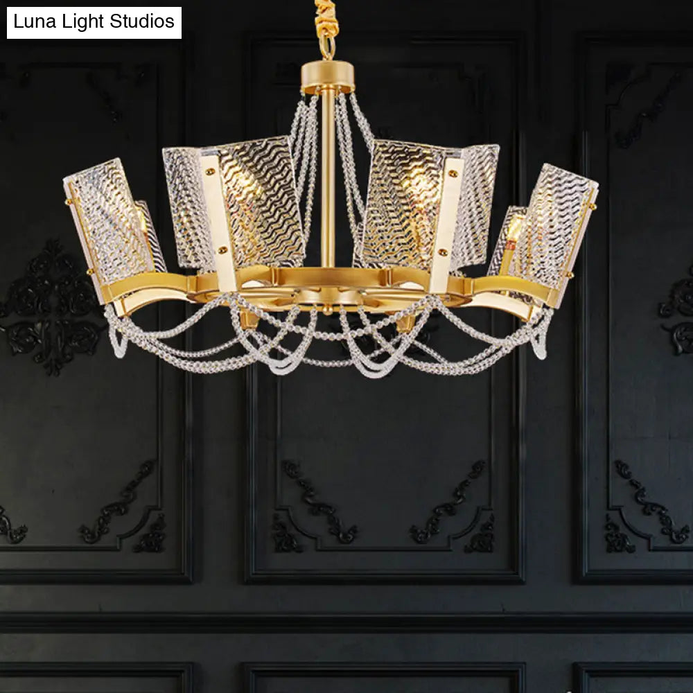 Simplicity Crystal Chandelier with Beaded Pendant - Brass Finish, 6/8 Heads - Ideal for Living Room - Panel Shade Included