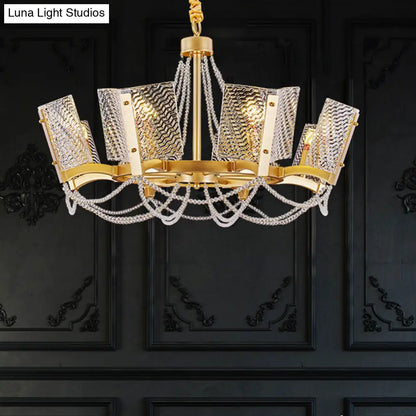 Simplicity Crystal Chandelier with Beaded Pendant - Brass Finish, 6/8 Heads - Ideal for Living Room - Panel Shade Included