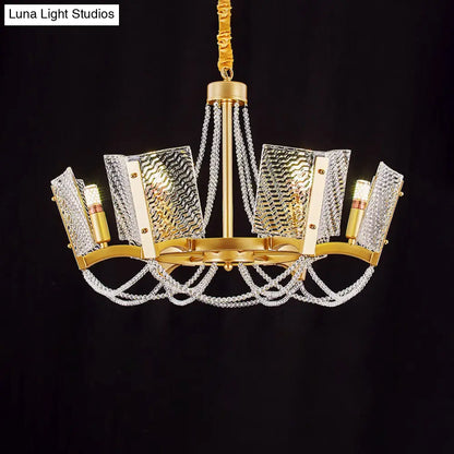 Simplicity Crystal Chandelier with Beaded Pendant - Brass Finish, 6/8 Heads - Ideal for Living Room - Panel Shade Included
