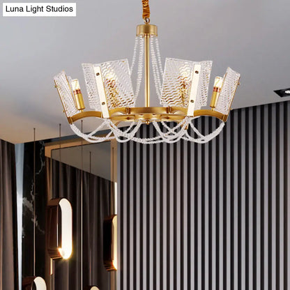 Simplicity Crystal Chandelier with Beaded Pendant - Brass Finish, 6/8 Heads - Ideal for Living Room - Panel Shade Included