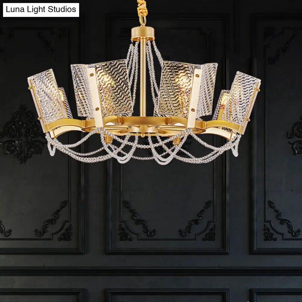 Simplicity Crystal Chandelier with Beaded Pendant - Brass Finish, 6/8 Heads - Ideal for Living Room - Panel Shade Included