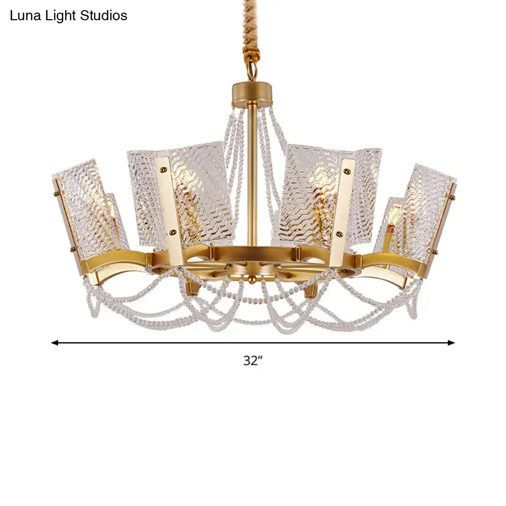 Simplicity Crystal Chandelier with Beaded Pendant - Brass Finish, 6/8 Heads - Ideal for Living Room - Panel Shade Included