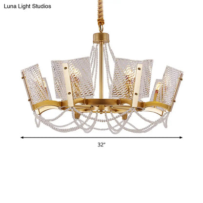 Simplicity Crystal Chandelier with Beaded Pendant - Brass Finish, 6/8 Heads - Ideal for Living Room - Panel Shade Included