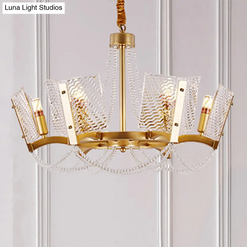 Simplicity Crystal Chandelier with Beaded Pendant - Brass Finish, 6/8 Heads - Ideal for Living Room - Panel Shade Included