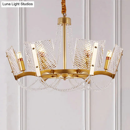 Simplicity Crystal Chandelier with Beaded Pendant - Brass Finish, 6/8 Heads - Ideal for Living Room - Panel Shade Included