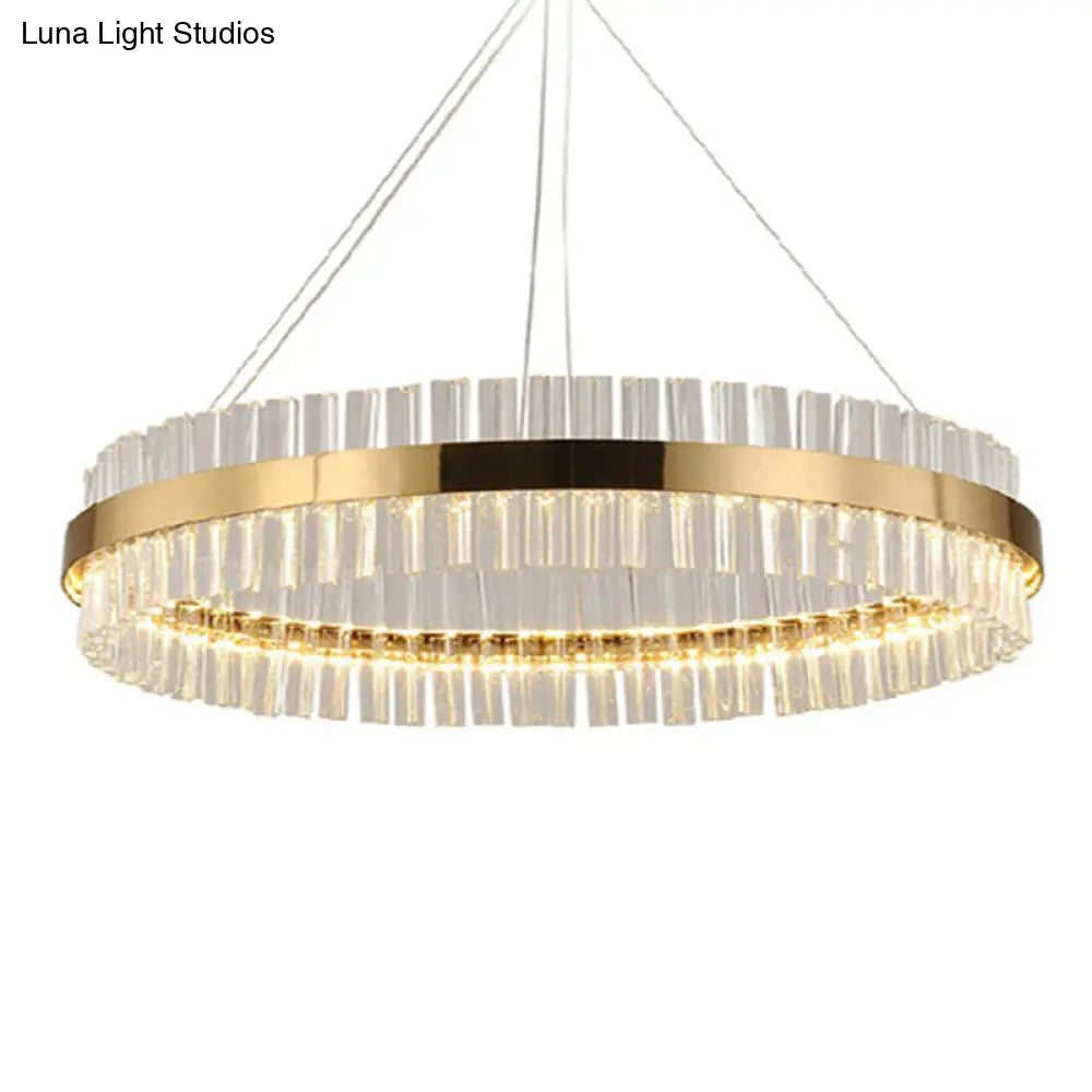 DecorBites™ Simplicity Gold LED Crystal Pendant Light - تصميم منشور ثلاثي حلقي - مثالي لغرفة المعيشة