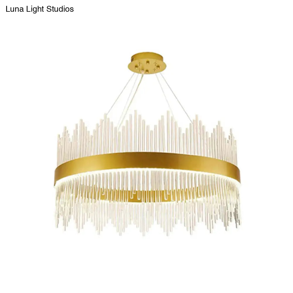 DecorBites™ Simplicity Gold LED Crystal Pendant Light - تصميم منشور ثلاثي حلقي - مثالي لغرفة المعيشة