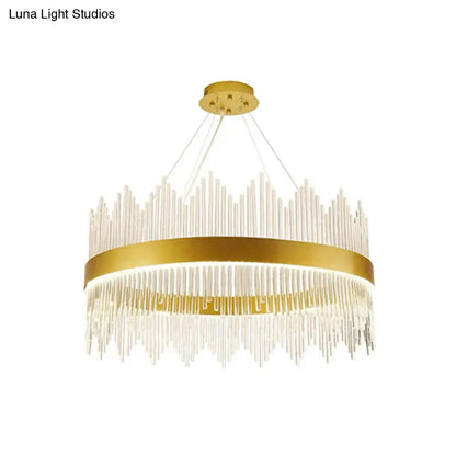 DecorBites™ Simplicity Gold LED Crystal Pendant Light - تصميم منشور ثلاثي حلقي - مثالي لغرفة المعيشة