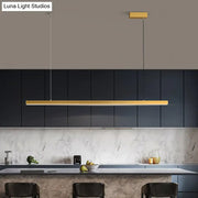 Gold-finished rectangular simplicity led metal pendant lighting with bulb included hanging above dining room island