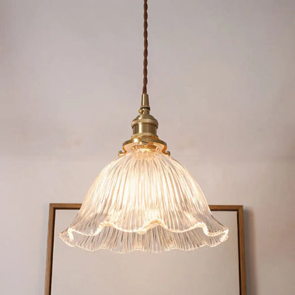 Simplicity Living Room Pendant Light Fixture with Clear Ribbed Glass Shade and Floral Design