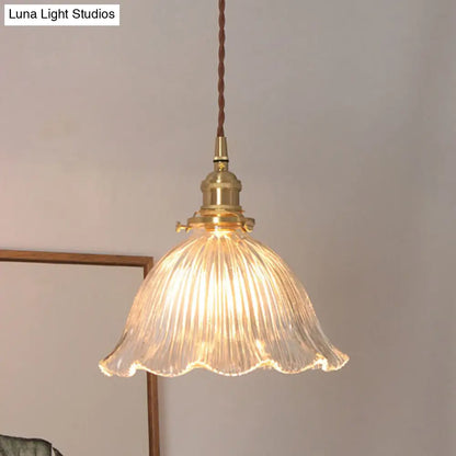 Simplicity Living Room Pendant Light Fixture with Clear Ribbed Glass Shade and Floral Design