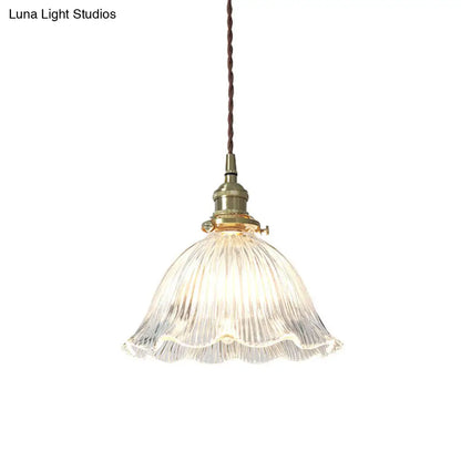 Simplicity Living Room Pendant Light Fixture with Clear Ribbed Glass Shade and Floral Design