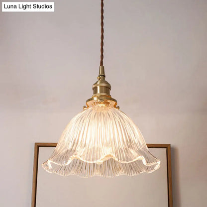 Simplicity Living Room Pendant Light Fixture with Clear Ribbed Glass Shade and Floral Design