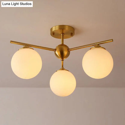 DecorBites™ DecorBites™ Simplicity Milk Glass Globe Semi Flush Mount Light - 3-Bulb Antiqued Gold Ceiling Fixture