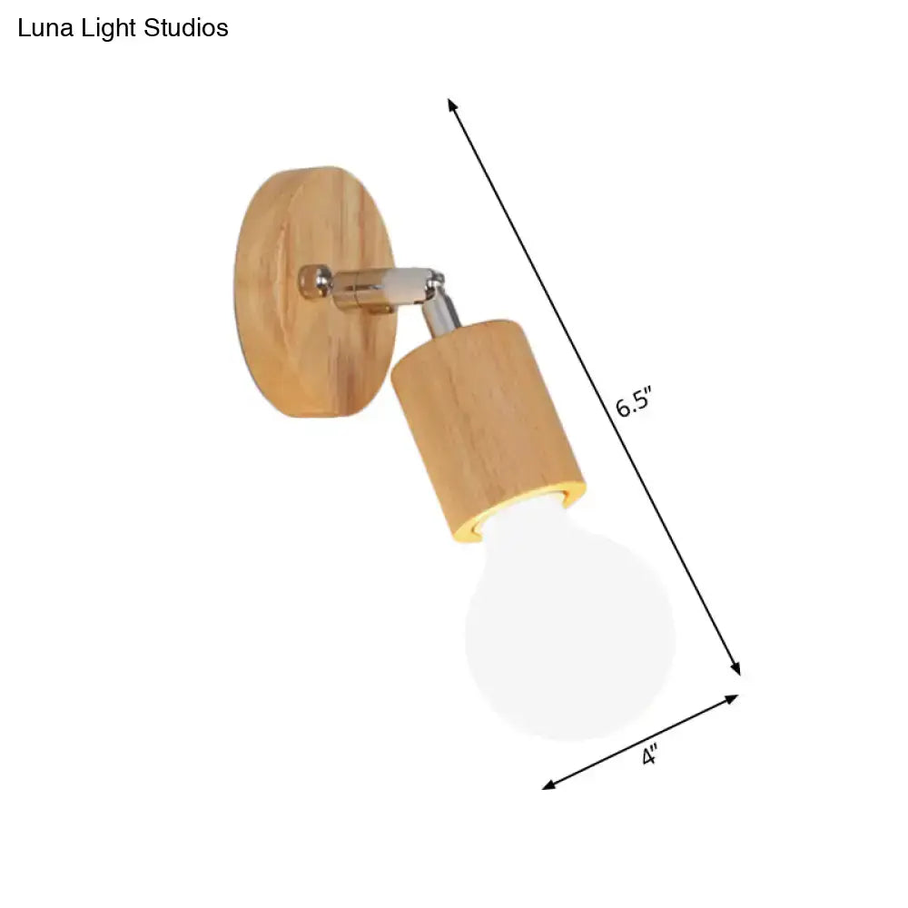 Minimalist wall-mounted open bulb mini rotating sconce with natural wood finish chrome accents and frosted glass bulb