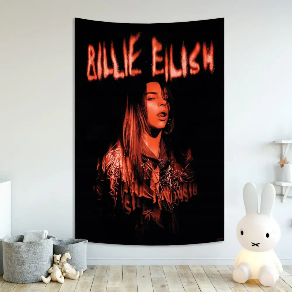 Black singer tapestry banner featuring billie eilish in red orange glow with her name printed above for wall decor