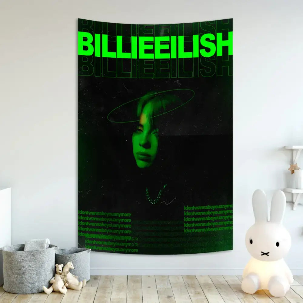Green billie eilish singer tapestry banner with stylized portrait and bold text for bedroom wall hanging decor
