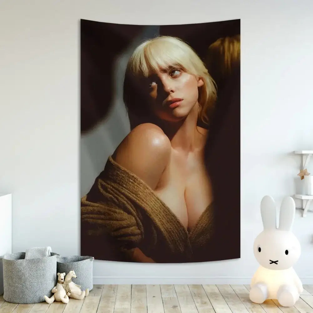 A singer tapestry banner featuring a blonde woman portrait with soft lighting on dark-toned fabric for bedroom decor