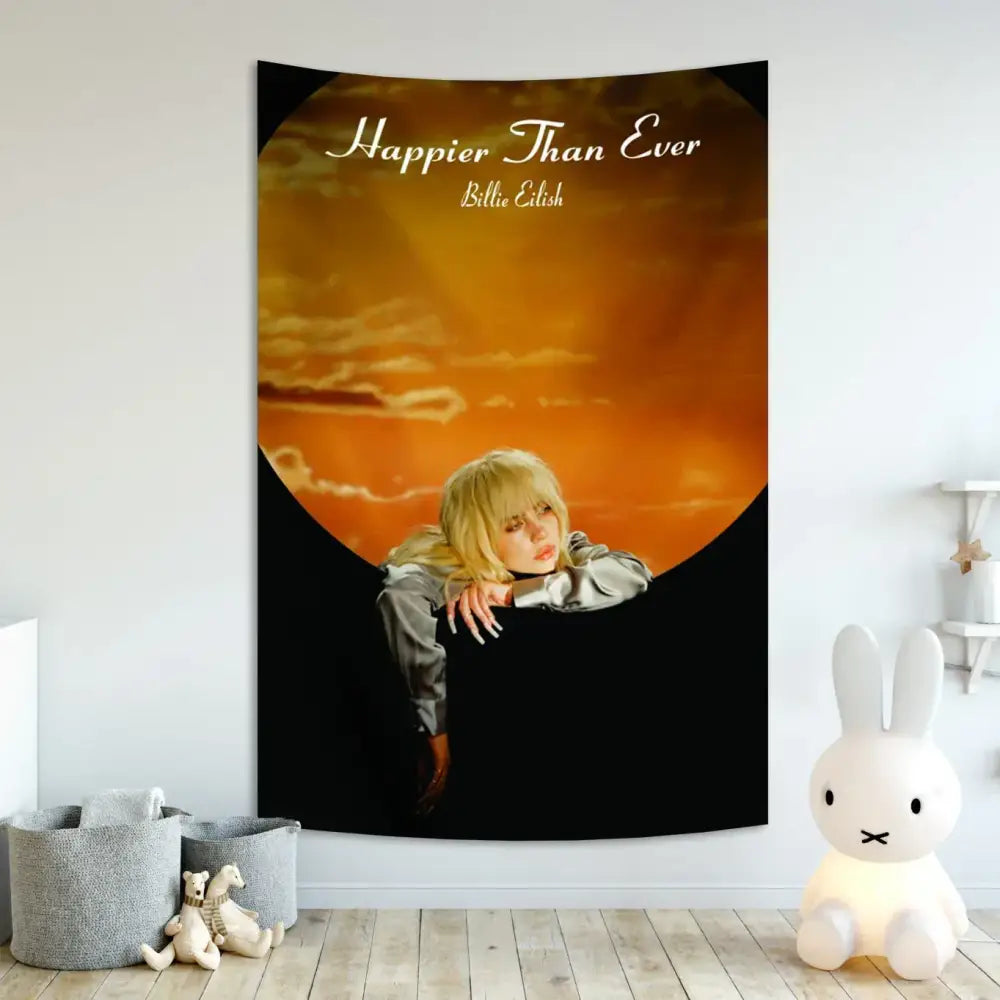 Rectangular singer tapestry banner featuring billie eilish in silver-gray against an orange sunset for bedroom decor