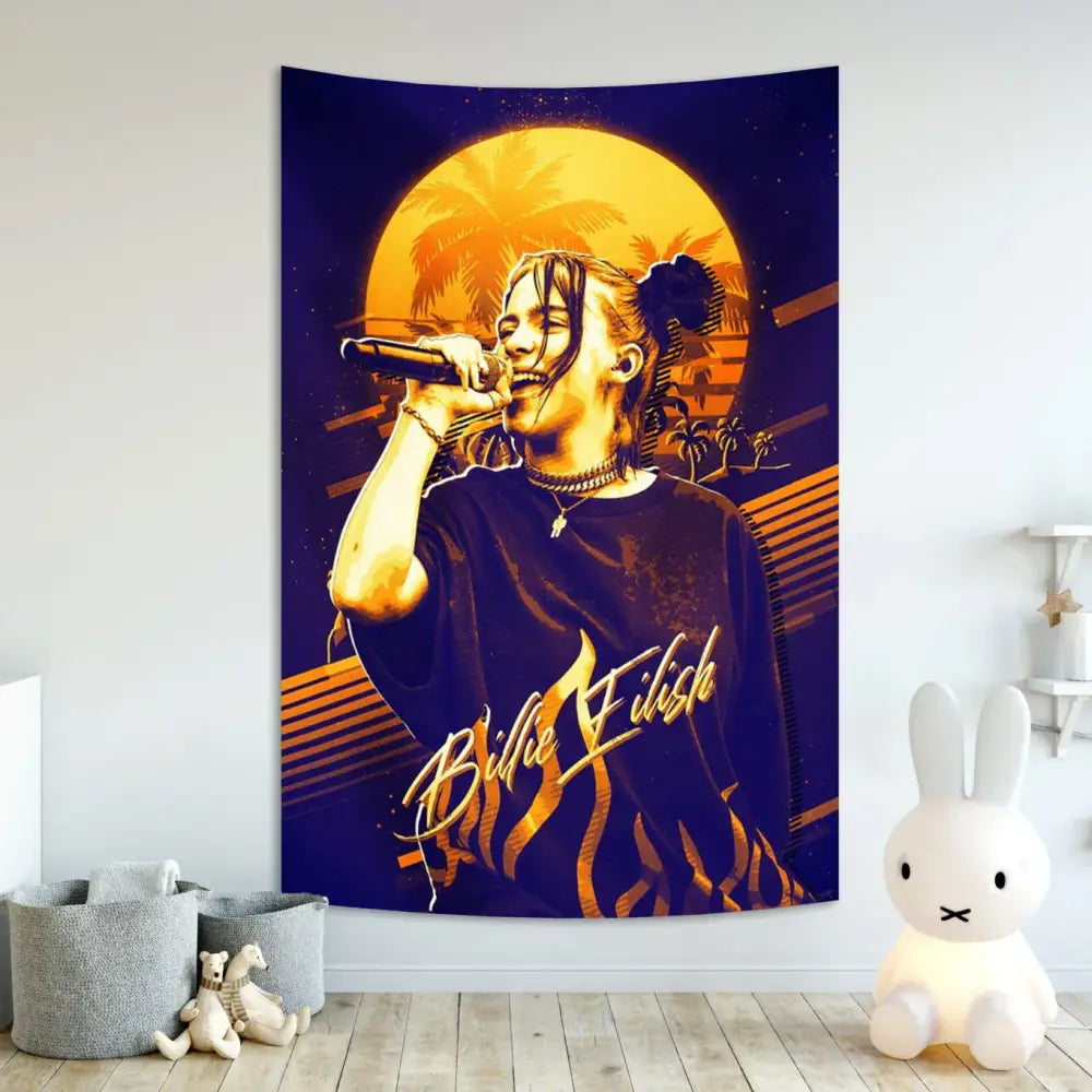 Vibrant purple and gold singer tapestry banner featuring billie eilish against a sunset with palm trees wall hanging decor