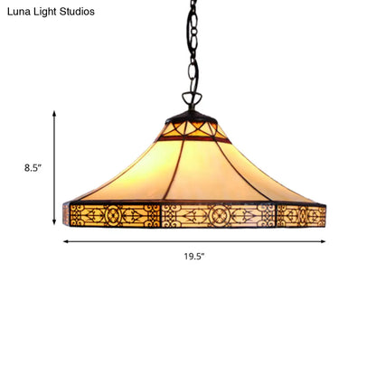 Single Bulb Stained Glass Tiffany-Style Cone Pendant Light in Beige for Living Room