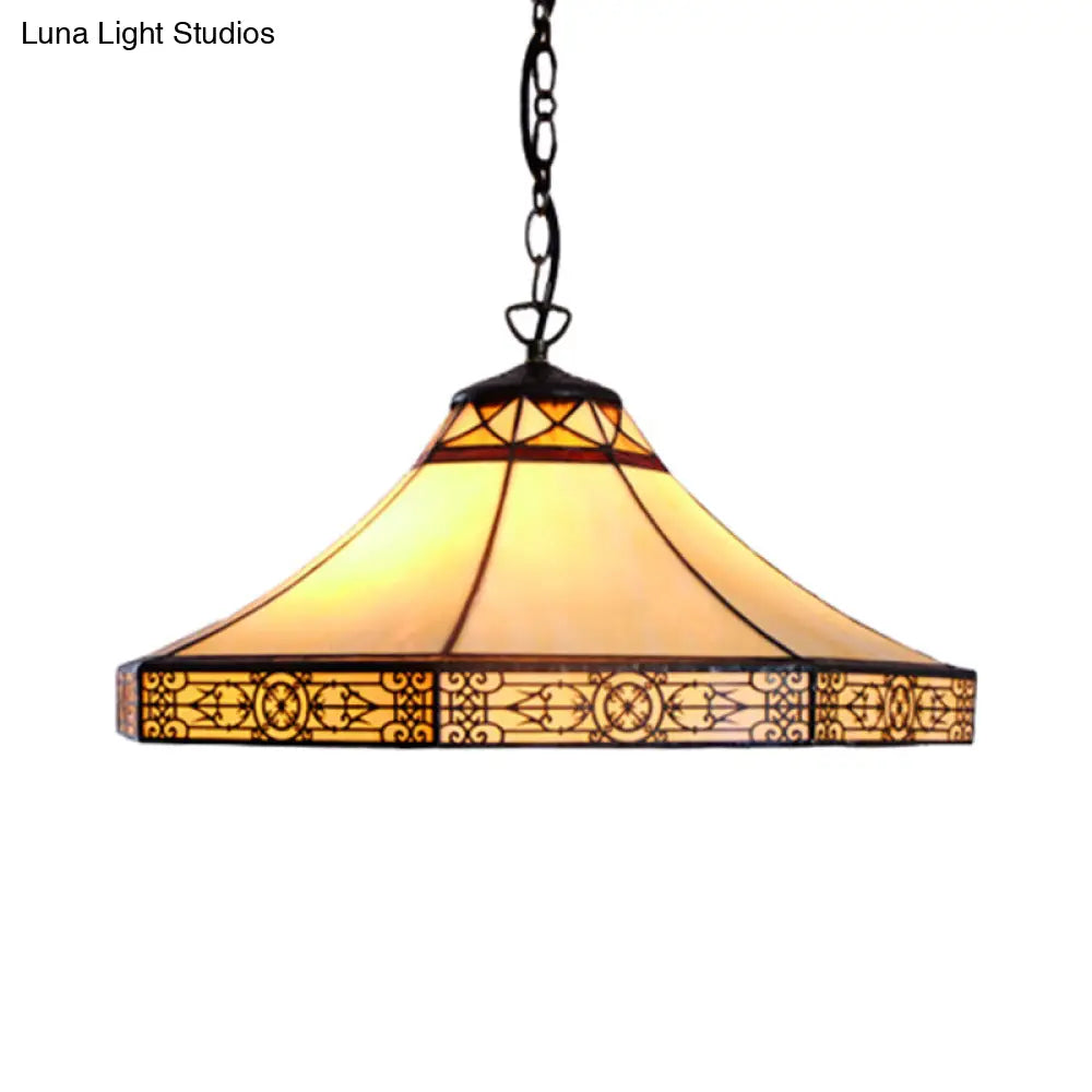 Single Bulb Stained Glass Tiffany-Style Cone Pendant Light in Beige for Living Room