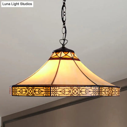 Single Bulb Stained Glass Tiffany-Style Cone Pendant Light in Beige for Living Room