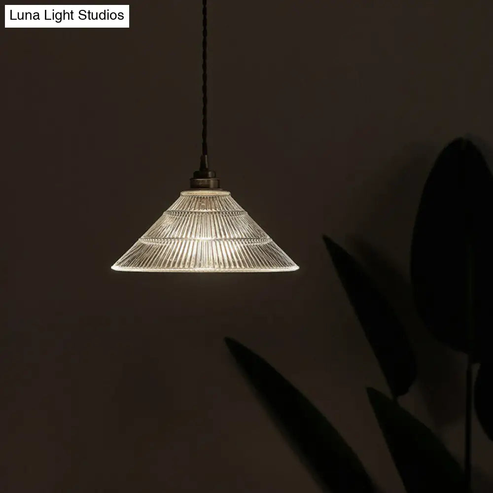 Single Clear Ribbed Glass Conical Ceiling Pendant Light for Industrial Décor