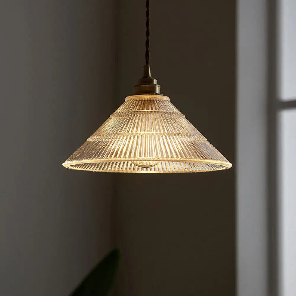 Single Clear Ribbed Glass Conical Ceiling Pendant Light for Industrial Décor