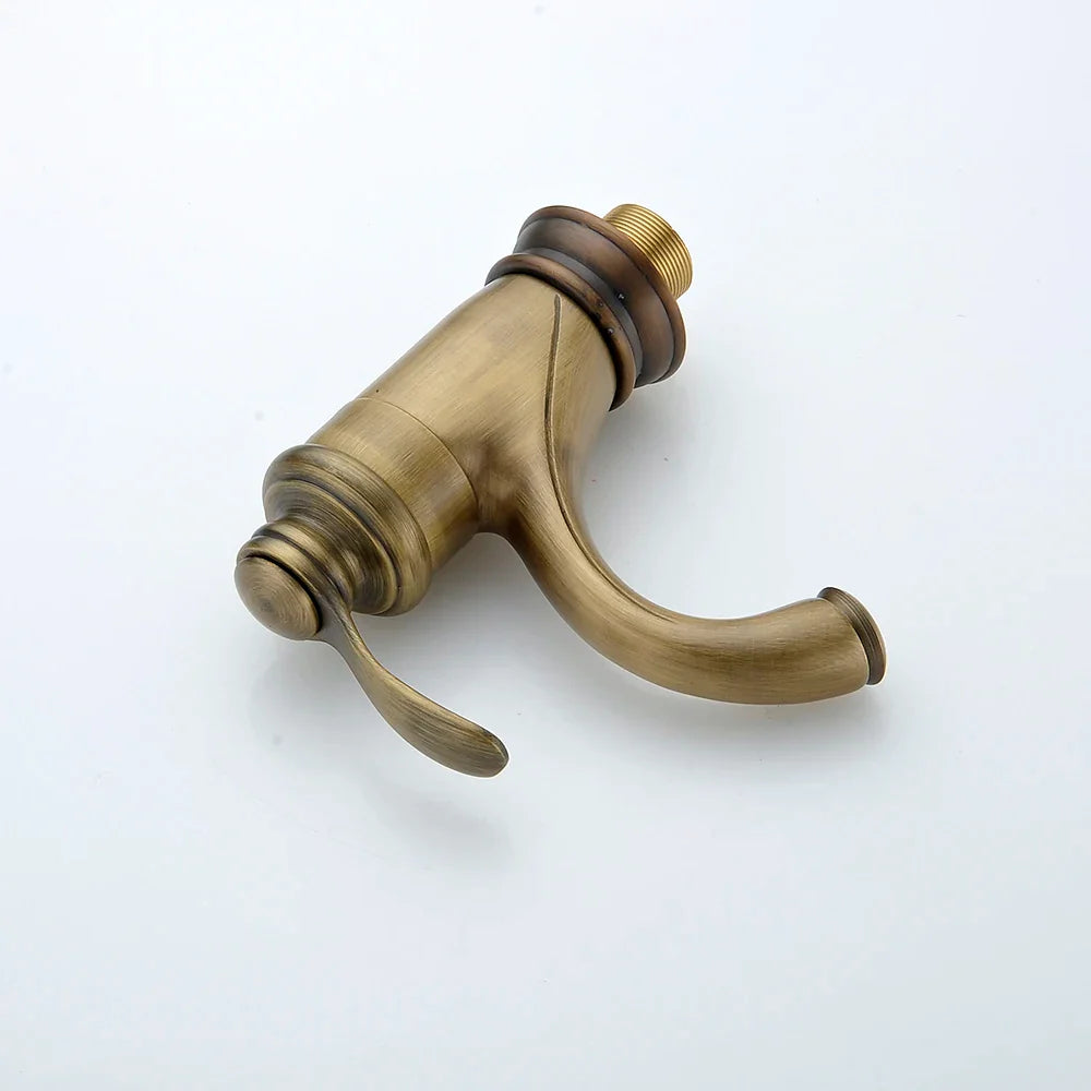 Antique brass single hole deck mounted single handle bathroom faucet with curved spout and ridged base GZ7203